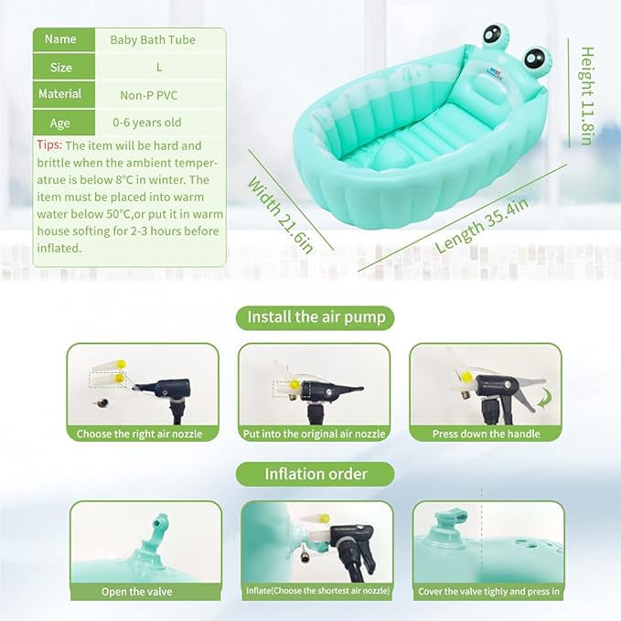 Inflatable Baby Bathtub,Newborn to Toddler Bath Tub with Built-in Air Pump,Portable Travel Shower Basin with Back Support,Foldable Toddler Tub Shower for Kids 0-6 Months(Frog)