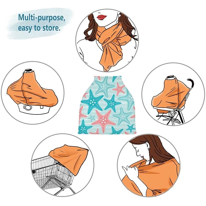 Nautical Ocean Starfish Baby Car Seat Covers, Nursing Cover Breastfeeding Scarf Soft Breathable Stretchy Coverage, Infant Stroller Cover for Boys Girls