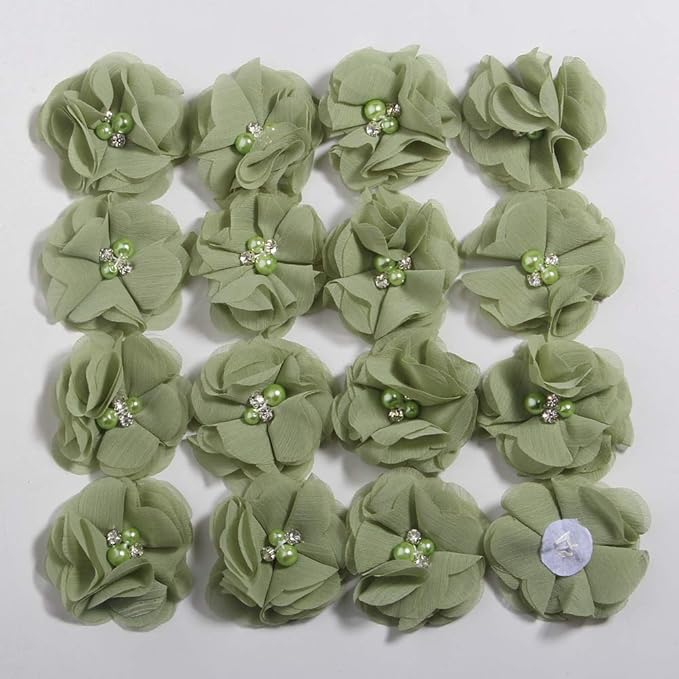 50 Pcs 2" Mini Chiffon Flowers with Rhinestones for Baby Girls Hair Accessories Artificial Fabric Flowers for Headbands Craft Projects (Army)