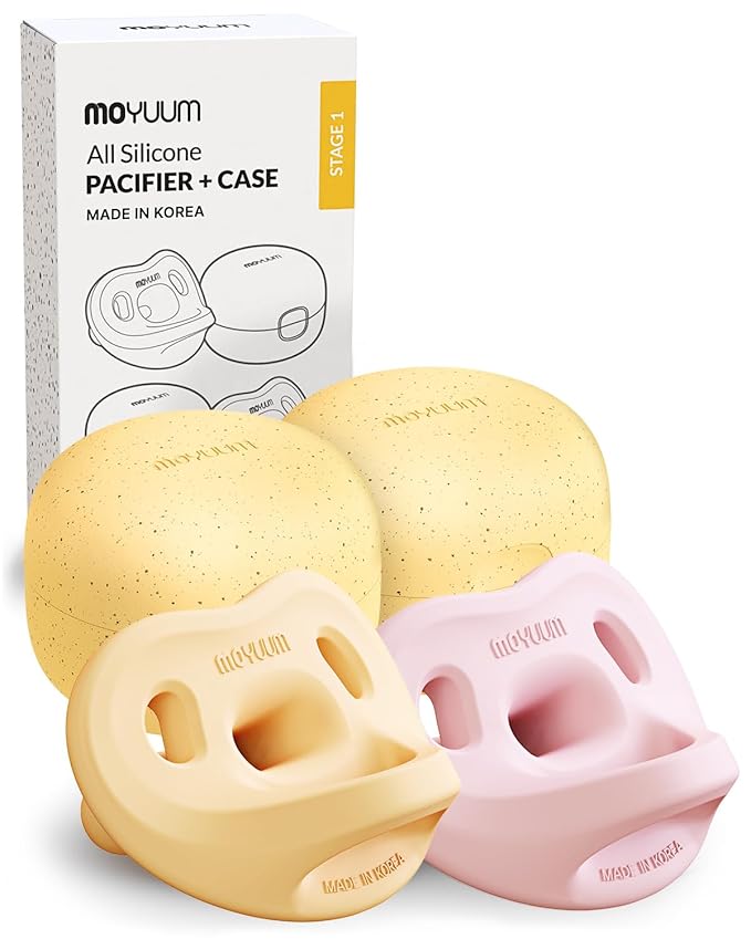 Moyuum Silicone Macaron Pacifier | Made in Korea, BPA Free One-Piece Design Baby Soother, Soft Orthodontic Shape with Air Holes, 2 Pack with Travel Case, Newborn 0-3 Months (Mango+Pink, Stage 1)