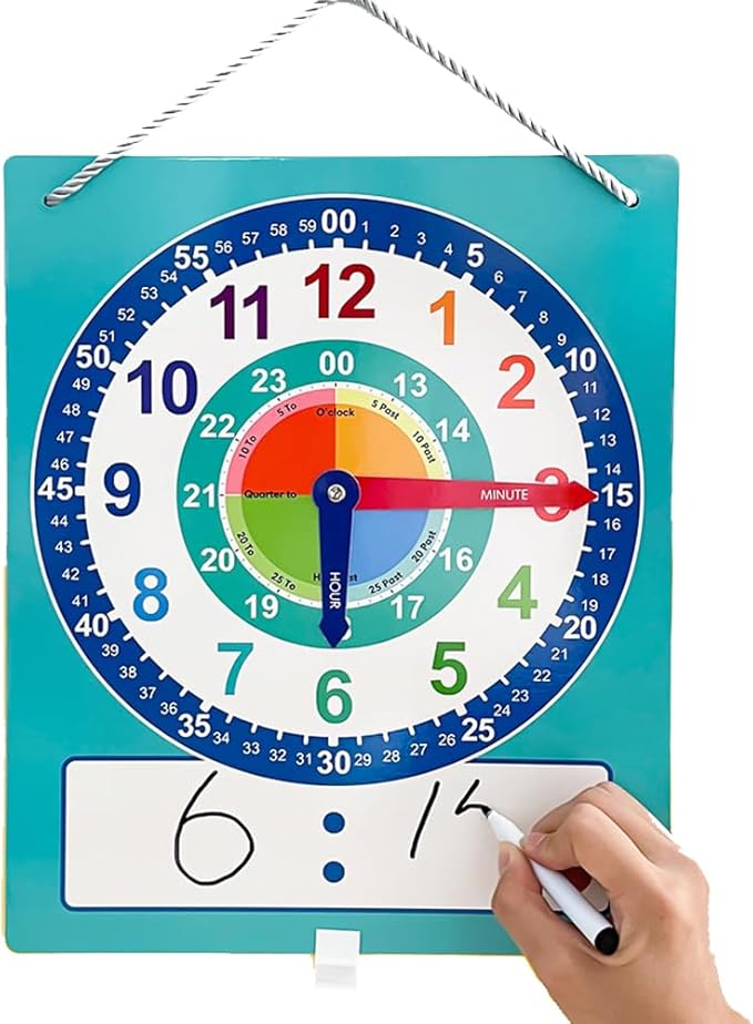 Richardy Telling Time Write & Wipe Teaching Demonstration Clock Learning Clock for Analog and Digital Time Labelled Minute & Hour Hands Kids Montessori Learning Toys