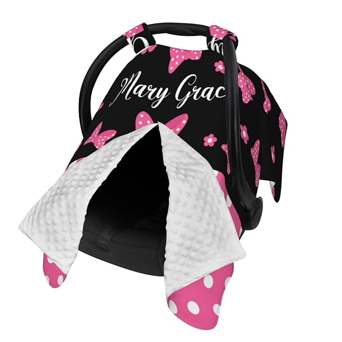 Personalized Baby Car Seat Canopy with Name, Pink Bow Nursing Cover & Infant Car Seat Canopy, Shower Gift for Newborn Baby Girls