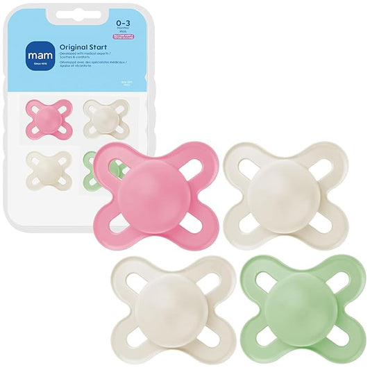 MAM Original Start Baby Pacifiers 0-3 Months, BPA-Free Skin Soft Silicone Nipple, Glows in The Dark, Developed with Medical Experts Specially for Smaller Newborn Mouths, 4 Pk, Made in Europe