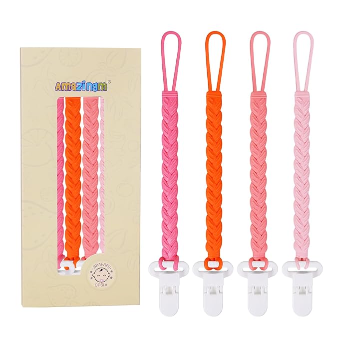 4 Pcs Pink Baby Silicone Teething Pacifier Clip,One-piece Design,Woven Shape,BPA Free.