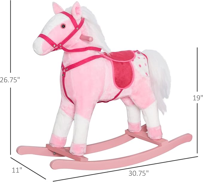 Qaba Kids Rocking Horse Plush Ride On Toy Toddler Rocker for Boys Girls Gifts with Realistic Sounds, Pink