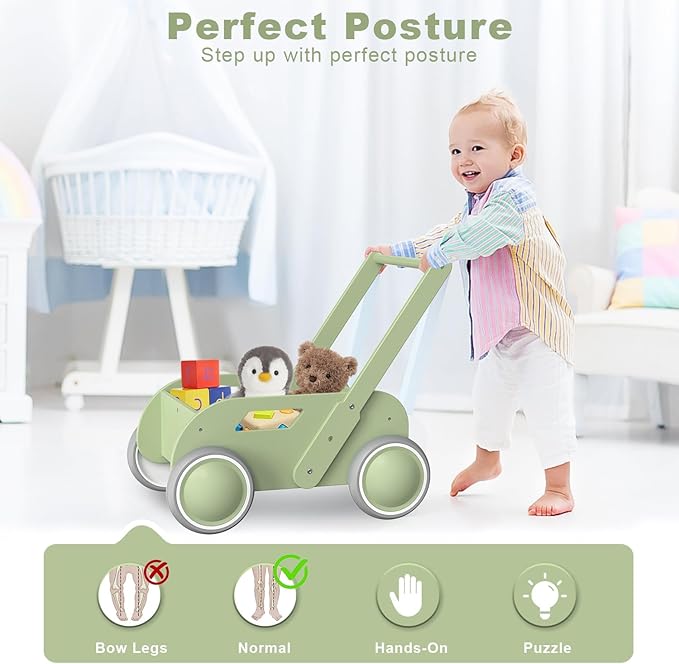 Wooden Baby Walker for Toddler, Baby Push Walker with Wheels for Infants Boys Girls, Toys Gift for Birthday Christmas New Year, Mint Green