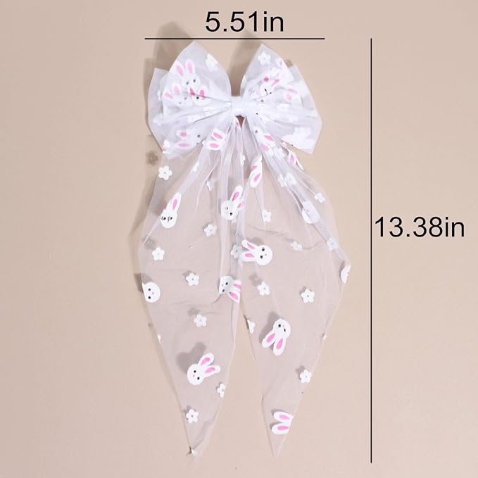 Easter Bunny Hair Bow for Women Girls Toddlers - 13 Inch Large White Tulle Bow Hair Clip with Cute Bunny Pattern, Spring Easter Hair Accessories Rabbit Hairpins for Easter Outfits, Birthday Gifts