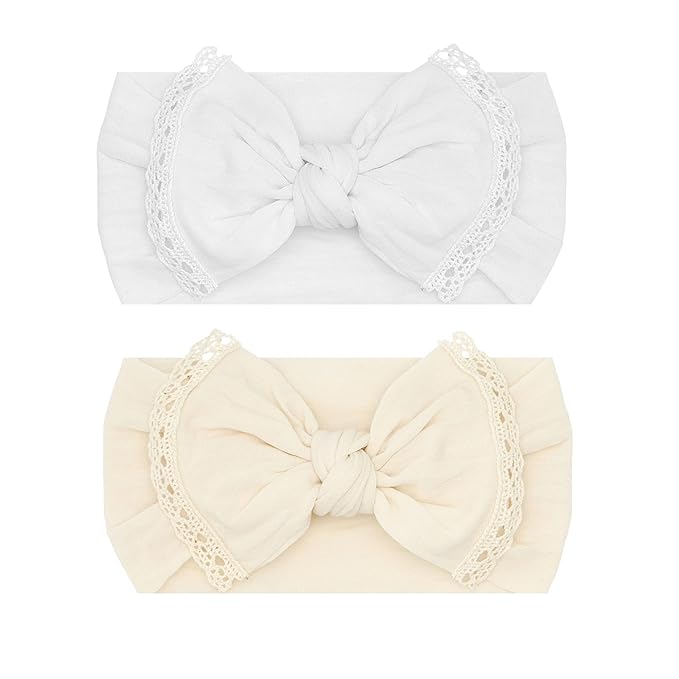 Baby Bling Bows - Newborn to Little Baby Girl Bows, 2 Pack Nylon Super Soft Stretchy Knot Toddler Headbands, Perfect Hair Accessories Head Bands for Infant Kids(White & Oat)