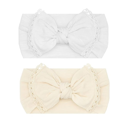 Baby Bling Bows - Newborn to Little Baby Girl Bows, 2 Pack Nylon Super Soft Stretchy Knot Toddler Headbands, Perfect Hair Accessories Head Bands for Infant Kids(White & Oat)