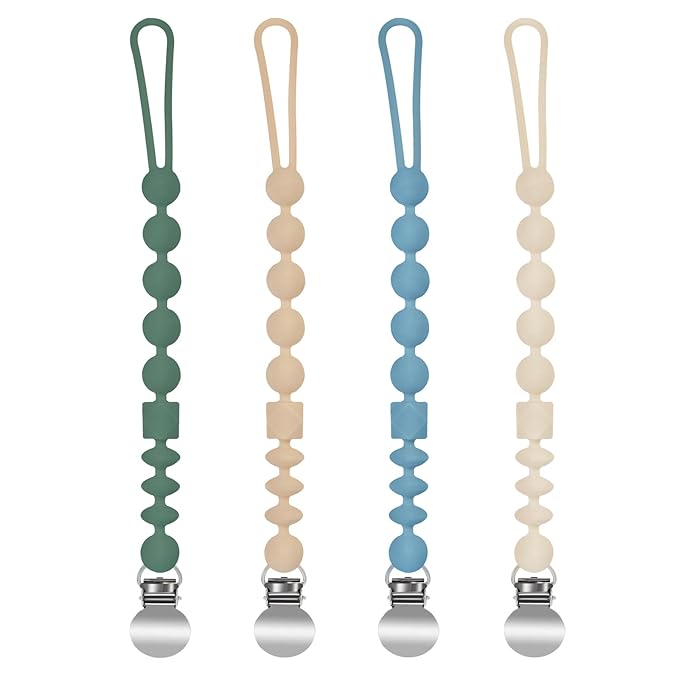 MINMUNJIU Silicone Pacifier Clips for Boys, 4 Pack One Piece Soft Flexible Pacifier Holder Clip Binky Clips for Boys