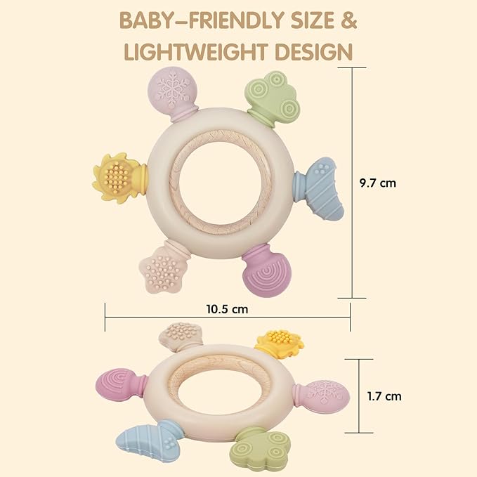 Baby Teether Ring for 0–12 Months, Detachable Wooden Silicone Teether with Easy-Grip Round Design, Sensory Teething Toy with Soft Textured Tips for Early Development