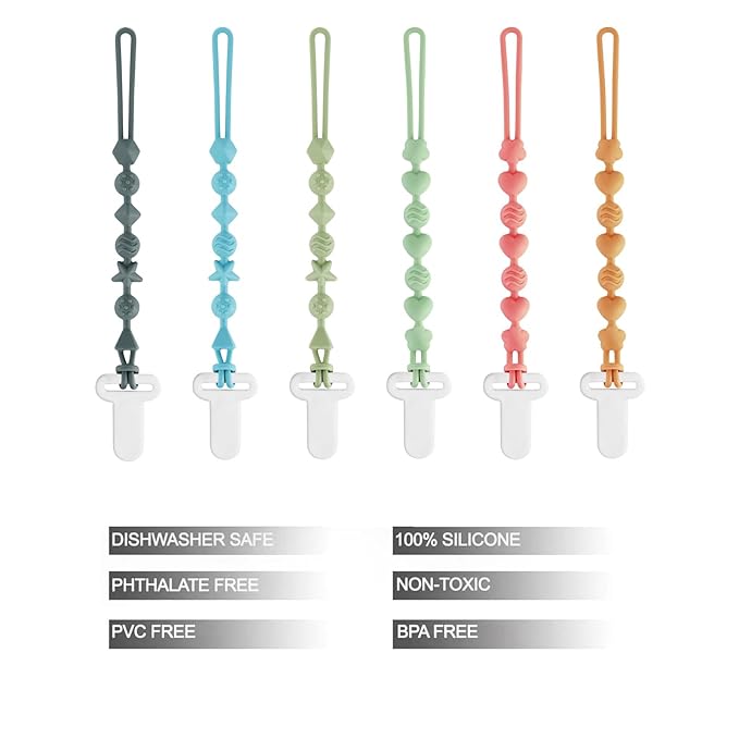 PandaEar 6 Pack Silicone Pacifier Clips, One Piece Design Teething Pacifier Holder Clip, Neutral Baby Paci Clips Boys & Girls, Binky Clips Pacifier Straps Chain for Toys Teethers