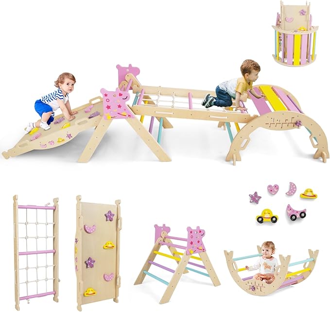 Costzon Pikler Triangle Set, 9-in-1 Foldable Baby Climbing Toys, Wood Montessori Climbing Set for Learning and Motor Skills, Indoor Playground Jungle Gym for Toddlers 3+ Climber Gifts (Pink)