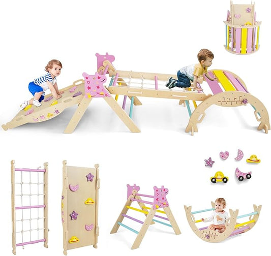 Costzon Pikler Triangle Set, 9-in-1 Foldable Baby Climbing Toys, Wood Montessori Climbing Set for Learning and Motor Skills, Indoor Playground Jungle Gym for Toddlers 3+ Climber Gifts (Pink)