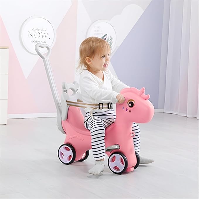 Runboll Rocking Horse for Toddlers, Baby Rocking Toy with Push Handle, Backrest & Detachable Balance Board, Riding Horse Toy for Baby Girl and Boy, 1-3 Years Old Kids Riding Birthday