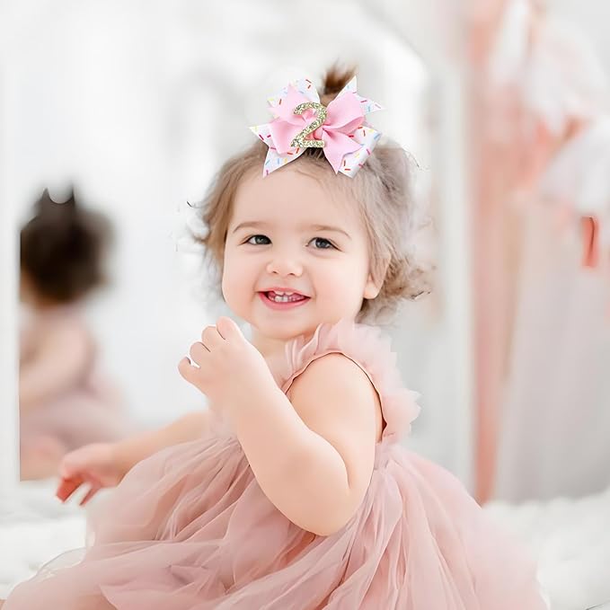 YanJie 1pcs 4'' Baby Hair Bow for 2 Years Old 2nd Birthday Outfit Girl Birthday Decorations for Girl Glitter Infants Hair Clips Accessories with Bows