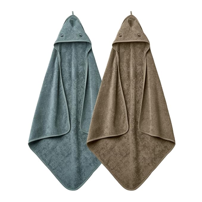 Hooded Baby Towels - 100% Organic Cotton Baby Bath Towels, 32" x 32" Super-Soft and Absorbent Baby Towels for Newborn 2-Pack (Towel Dino Green Moss/Dino Tradewinds)