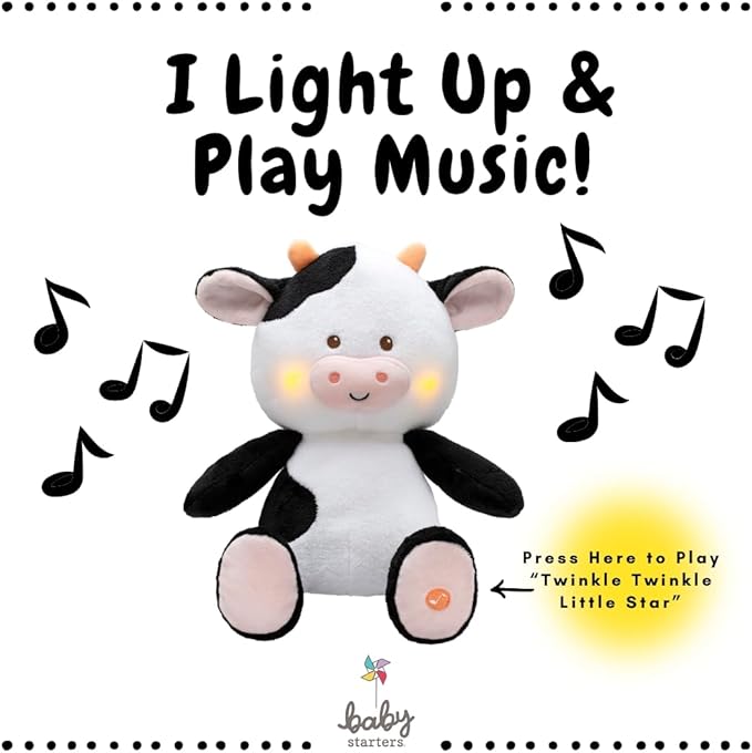 Magic Years 10 inch Musical Light Up Cow Toy for Baby, Plays Twinkle, Twinkle Little Star, Black and White Cow, Farm