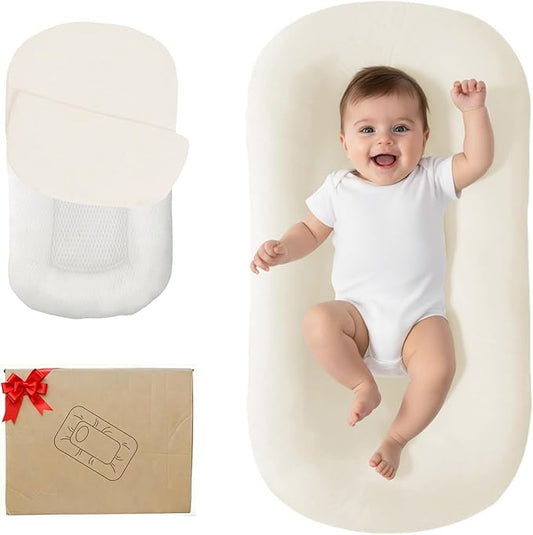 Lucakuins Baby Support Cushion, 0-24 Months Newborn Infant Support Cushion with Cover, Portable Tummy Time Mat for Home and Travel, Soft Cotton, Supervised Use, Baby Essentials Gift (White)