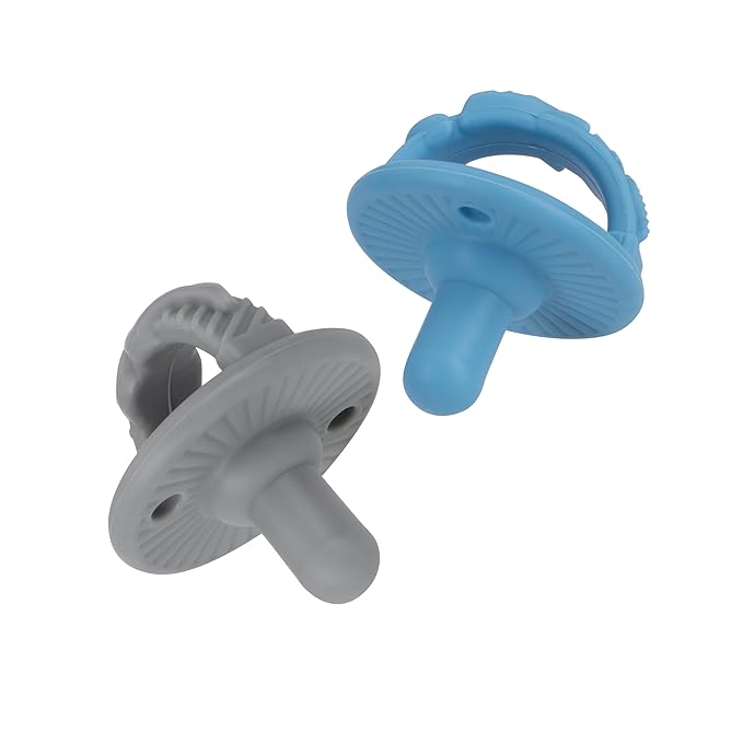 Nuby 3-D Sili Soother Pacifiers with Soft Handle and Two Safety Air Holes, 2 Pack, 0+ Months, Purple Bow and Pink Flowers