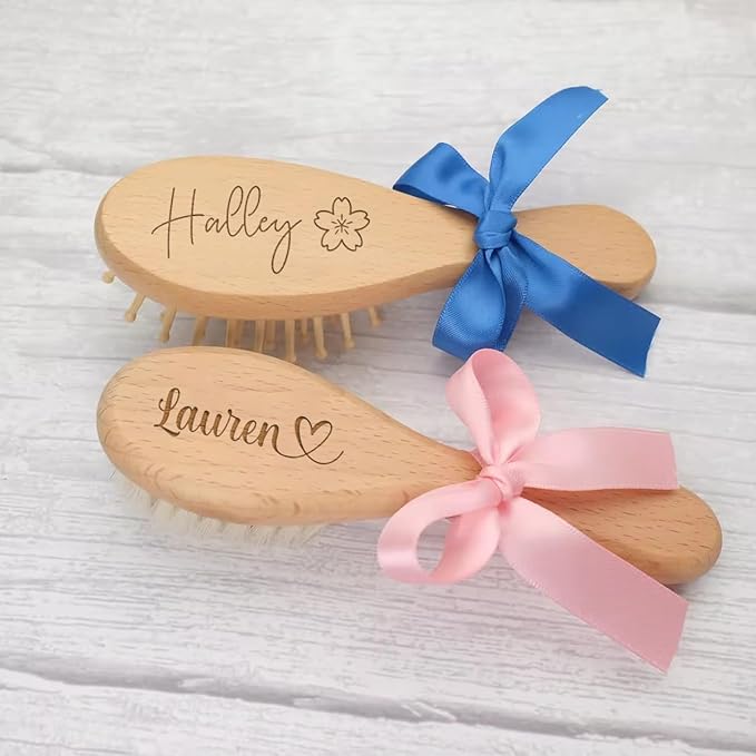 Personalized Baby Hair Brush And Comb Set For Boy Girl Newborn, Custom Wooden Toddler Hair Brush Set With Soft Goat Bristle, Cradle Cap Comb, Keepsake Gift For Baby