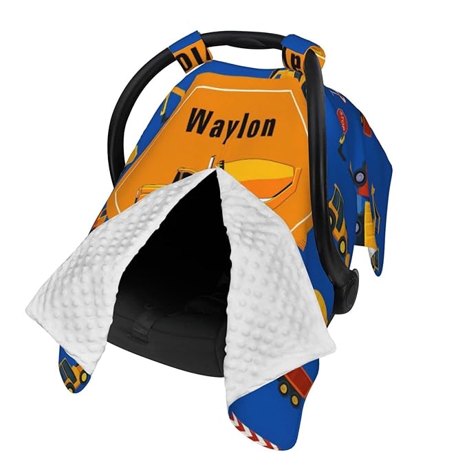 Personalised Baby Car Seat Cover with Name, Customized Engineering Vehicle Baby Carseat Canopy for Boys, Multi-use Nursing Breastfeeding Covers for Infant Newborn, Shower Gifts for Babies