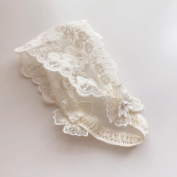 Baby Girls Headband Lacy Bow Pearl Wide Hair Band Turban for Infants Newborn Toddler Floral Ivory Elastic Head Wrap Breathable Sun Bonnet Hair Accessories (Ivory G)