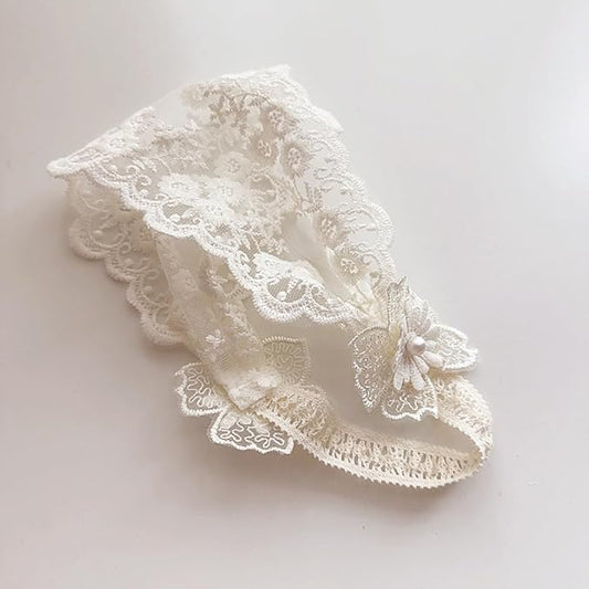 Baby Girls Headband Lacy Bow Pearl Wide Hair Band Turban for Infants Newborn Toddler Floral Ivory Elastic Head Wrap Breathable Sun Bonnet Hair Accessories (Ivory G)