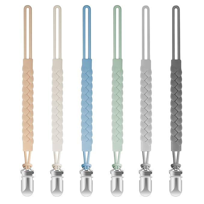 Silicone Pacifier Clips for Baby Boys and Girls, Woven Rope Flexible Design, Pacifier Holders for Teething Relief and Baby Essentials, Safe for Newborns (6 Pack)