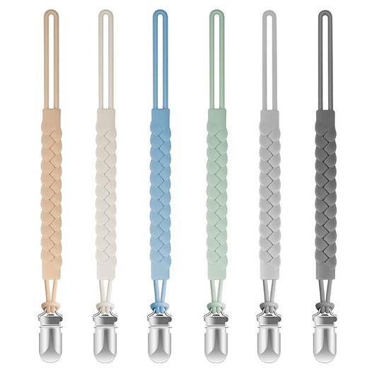 Silicone Pacifier Clips for Baby Boys and Girls, Woven Rope Flexible Design, Pacifier Holders for Teething Relief and Baby Essentials, Safe for Newborns (6 Pack)