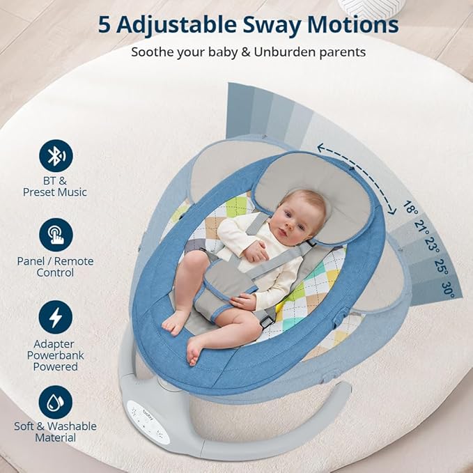 Bioby Baby Swing for Infants with 5 Natural Sway Speeds, Portable Bt Music Baby Swing with Remote Control & 5-Point Harness, Lightweight Baby Rocker for 5-20 Lb,0-12 Months Blue
