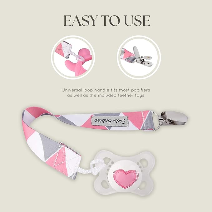 Dodo Babies Pacifier Clip & Teether Set - Universal Pacifier Holder Fits Most Pacifiers - Silicone Teethers Soothe Teething Pain - Baby Gift Set for Boys & Girls - 6pc Pack, Pink, 4 Clips