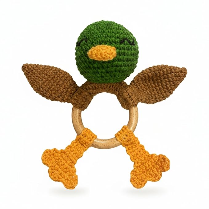 Wooden Baby Rattle for Boys and Girls, Crochet Stuffed Animal for Newborn, 3 4 5 6 Month Toys, Mallard Duck