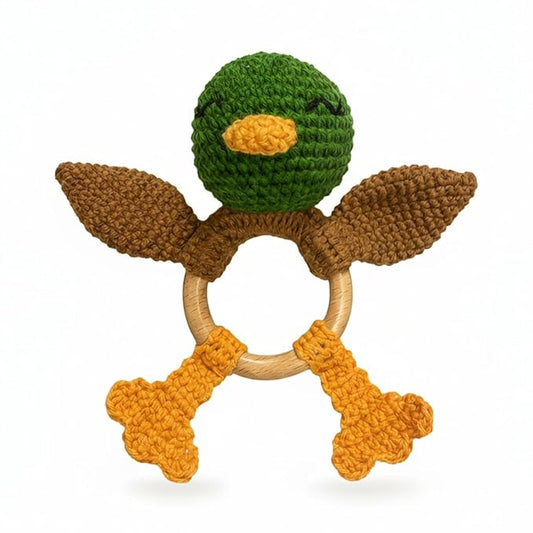 Wooden Baby Rattle for Boys and Girls, Crochet Stuffed Animal for Newborn, 3 4 5 6 Month Toys, Mallard Duck