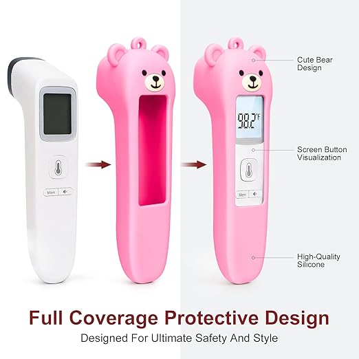 Cute Bear Silicone Thermometer Case Compatible with GoodBaby No-Touch Thermometer, Soft Anti-Drop Protective Cartoon Animal Cover Helps Calm Babies During Temperature Checks - Pink