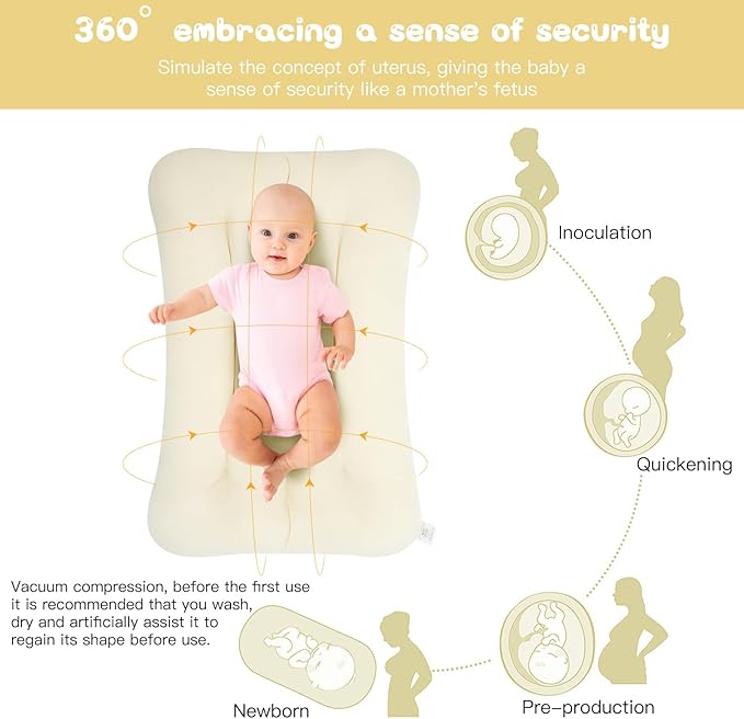 Lucakuins Baby Lounger for Newborn, 0-24 Months, Bionic Design Infant Lounger for Home and Travel, Soft Organic Cotton, Newborn Babies Essentials Gifts (Pure White Baby Lounger)