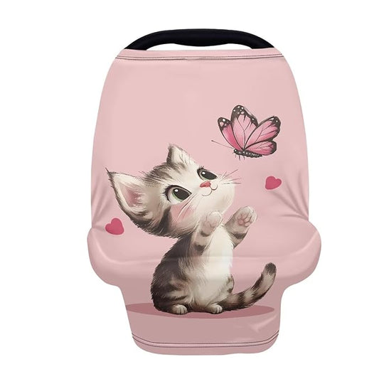 AFPANQZ Cute Cat Baby Car Seat Covers for Girls Boys All Weather Multifunctional Infant Car Seat Canopy Nursing Breastfeeding Scarf Shield Breathable Stretchy 360 Coverage for Babies