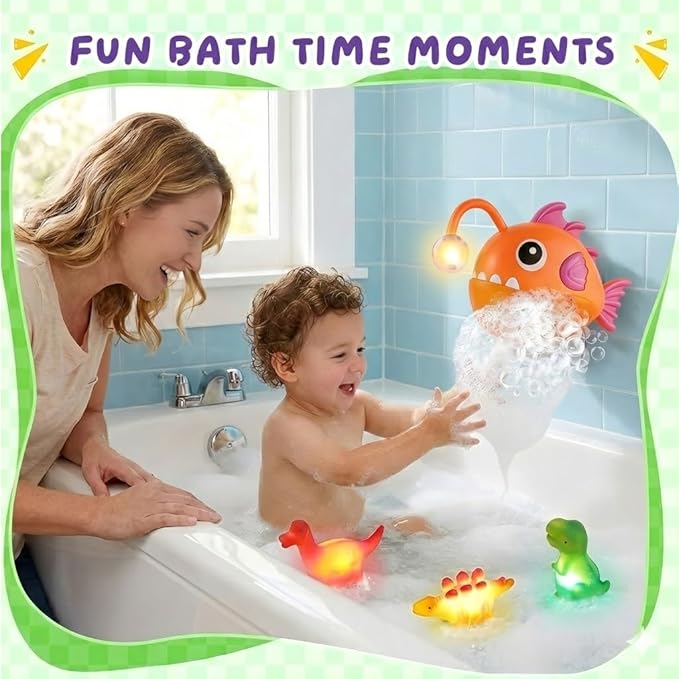 Baby Bath Toys for Toddlers, Light Up Fish Bubble Machine with 3 Dinosaur Water-Activated Toys, Shower Bathtub Toys for Kids Ages 3-8, Birthday Gift Easter for Boys Girls (Red)