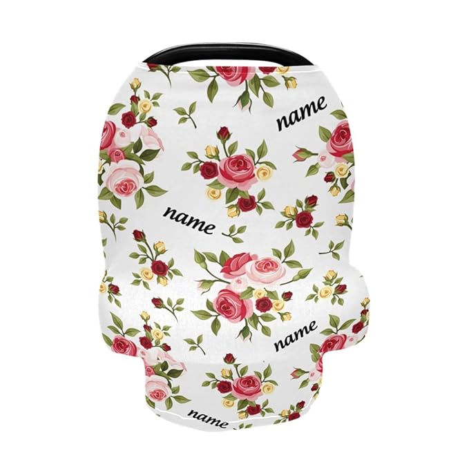 Personalized Baby Car Seat Cover for Babies, Custom Name Baby Car Seats Canopy for Girls, Floral Rose Nursing Breastfeeding Stroller Covers for Infant Newborn, Shower Gift for Baby
