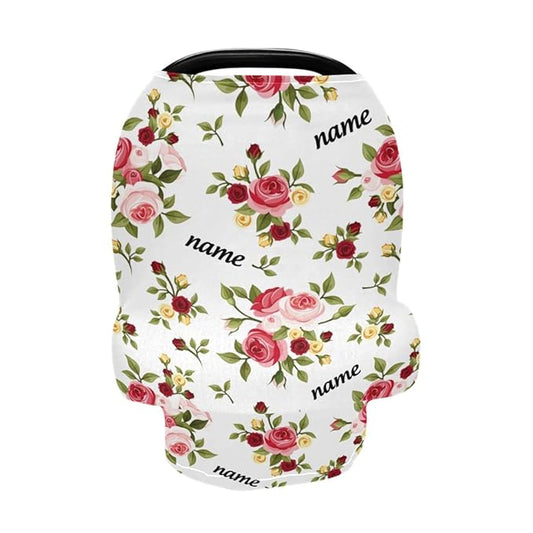 Personalized Baby Car Seat Cover for Babies, Custom Name Baby Car Seats Canopy for Girls, Floral Rose Nursing Breastfeeding Stroller Covers for Infant Newborn, Shower Gift for Baby