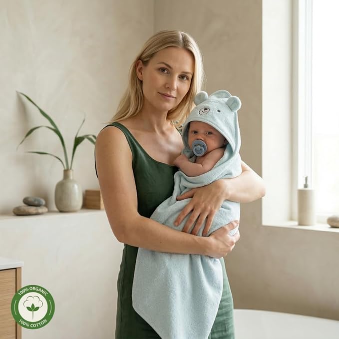 Hooded Baby Towels - 100% Organic Cotton Baby Bath Towels for Baby Boy, 32" x 32" Super-Soft and Absorbent Baby Towels for Newborn (Bear - Baby Blue)