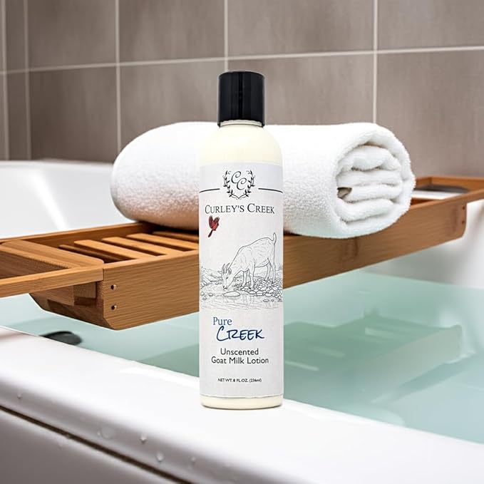 Curley's Creek Goat Milk Lotion | Handmade Natural Skincare | 4 ounce & 8 ounce 8 ounce, Pure Creek (Unscented)