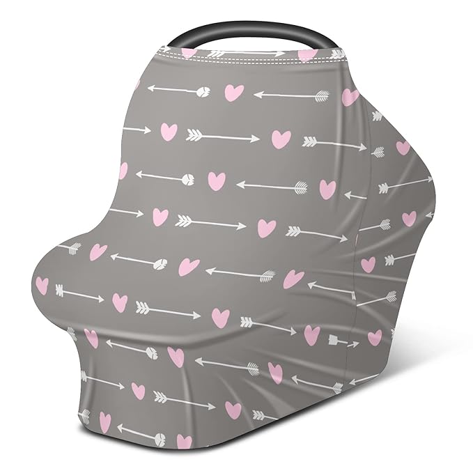 Baby Car Seat Stroller Covers White Arrows Pink Heart Grey Nursing Cover Breastfeeding Scarf Soft Breathable Stretchy Coverage Carseat Canopy Cover for Boys and Girls Soft Breathable Multi Use