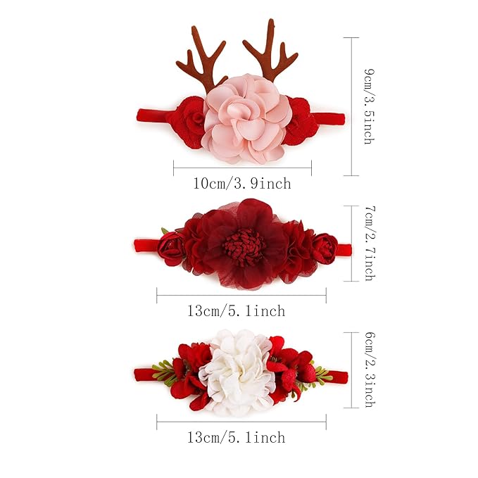 Baby Girl Flower Christmas Headband 3 PCS Elastic Hairbands Handmade Nylon Bows Headbands Chic Floral Hair Accessories Kids XMAS Gifts for Newborn Infant Toddlers