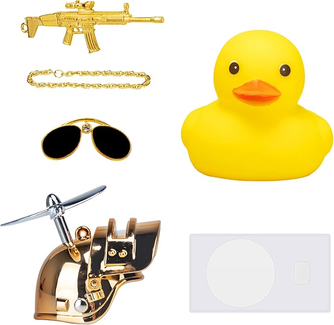 wonuu Rubber Duck Car Ornaments Cool Yellow Duck Car Dashboard Decorations Squeaky Glasses Duck with Propeller Helmet for Car ccessories Dashboard (Y-Gold)