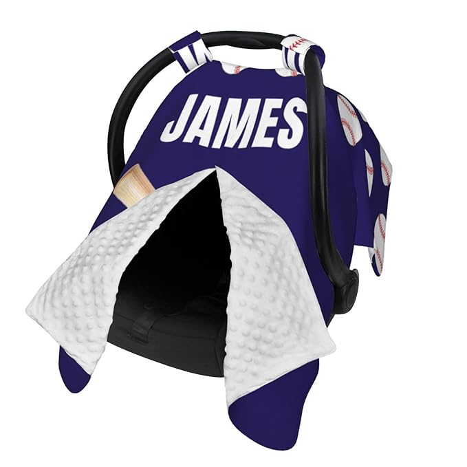 Personalized Baseball Baby Car Seat Canopy with Name – Custom Minky Nursing Cover with Opening, Infant Carseat Canopy for Newborn Boys Girls Baby Gift