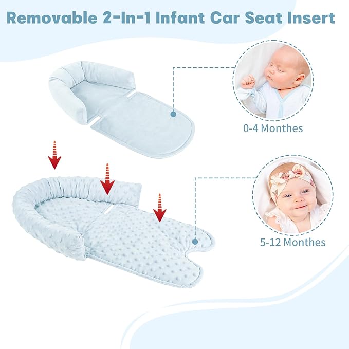 Infant Car Seat Insert, Baby Car Seat Head & Body Support with Straps Pads, Soft Newborn Preemie Carseat Insert Cushion for Girls Boys, Fits Carseat, Stroller, Swing, Bouncer, Light Blue