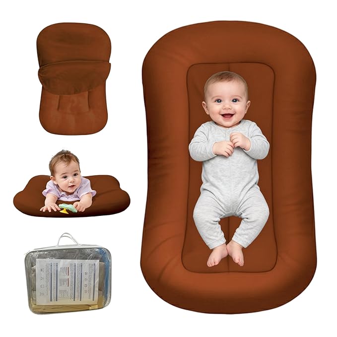 Baby Lounger for Newborn, Bionic Design Baby Lounger, Soft Organic Cotton Breathable Lounger for Infants 0-18 Months (Brown)