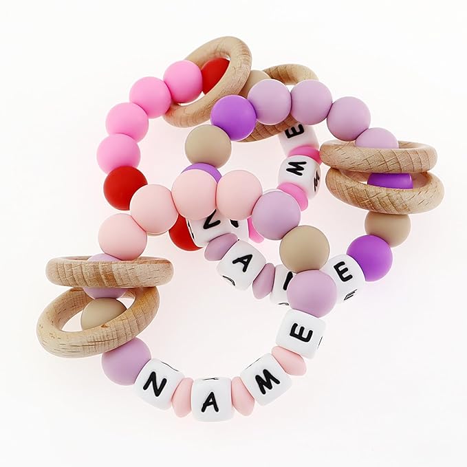 Personalized Baby Teether Rattle Rings, Colorful Styles, Custom Stylish Baby Accessories (Grey)