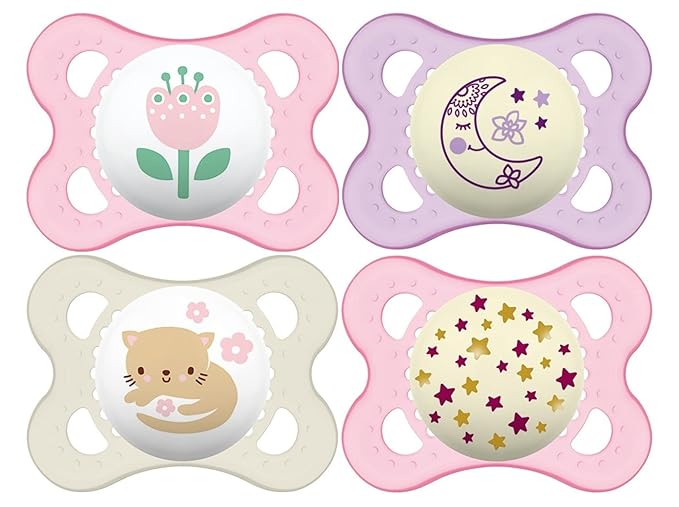 MAM Pacifiers 0-6 Months 4-Pack with Glow-in-Dark + 2-Pack Self-Sterilizing Case and Night Pacifiers for Baby Girl
